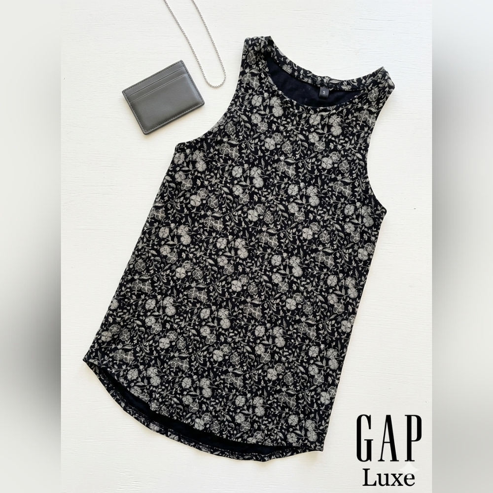 Gap Luxe High Neck Sleeveless Floral Top - Black/Grey - Small